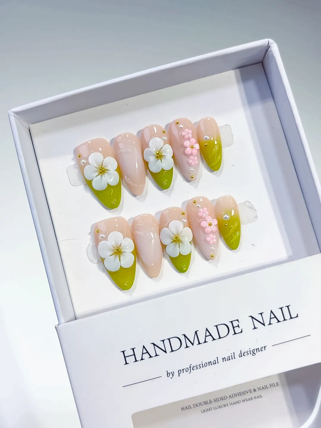 Nude Green White Pink French tip Flower Pearl press on nails angled view