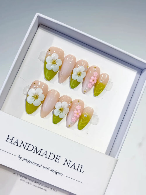 Nude Green White Pink French tip Flower Pearl press on nails