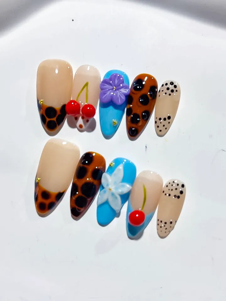 Nude Brown Black Blue Red Abstract Cherry Flower Animal Print press on nails detail view