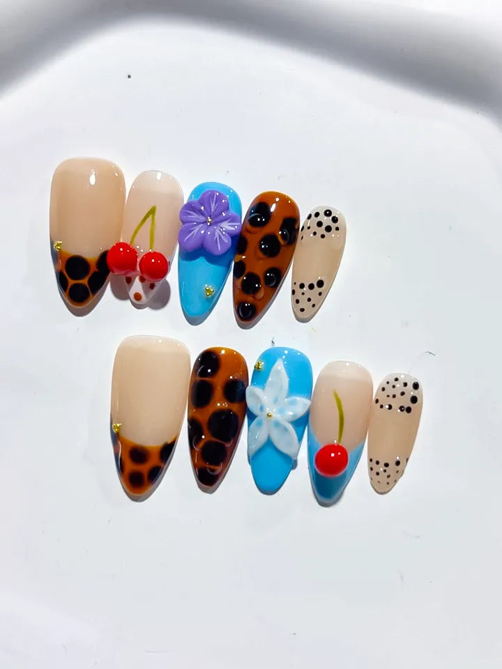 Nude Brown Black Blue Red Abstract Cherry Flower Animal Print press on nails detail view