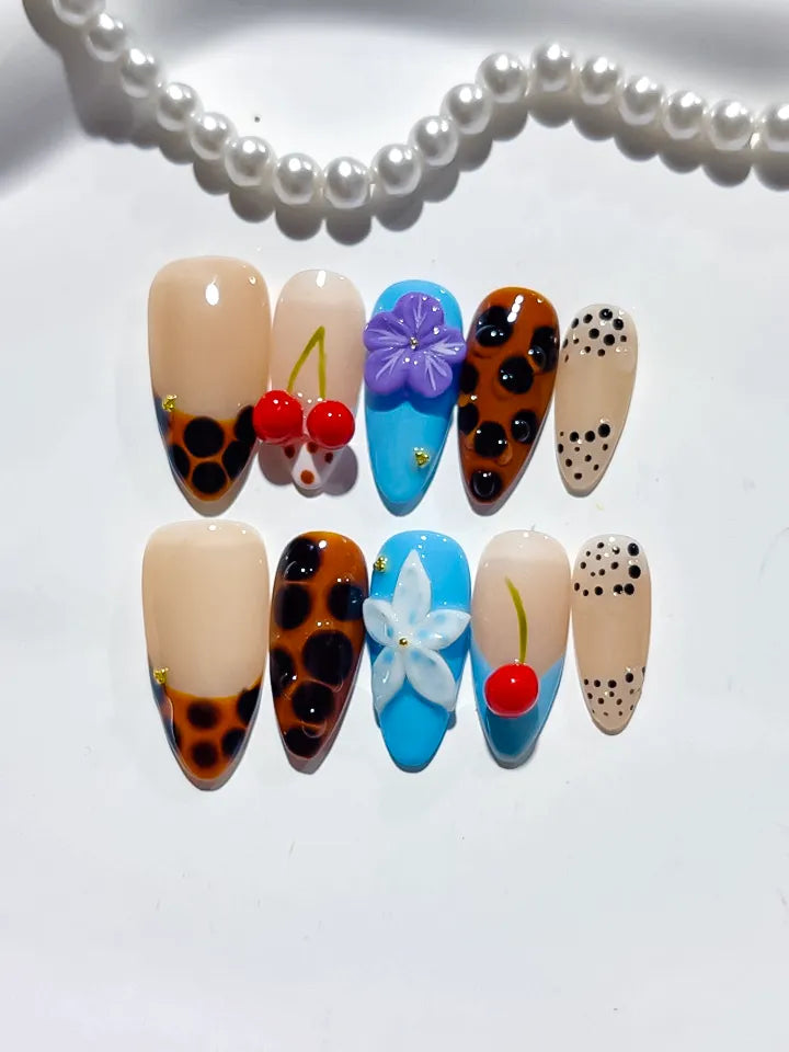Nude Brown Black Blue Red Abstract Cherry Flower Animal Print press on nails close up
