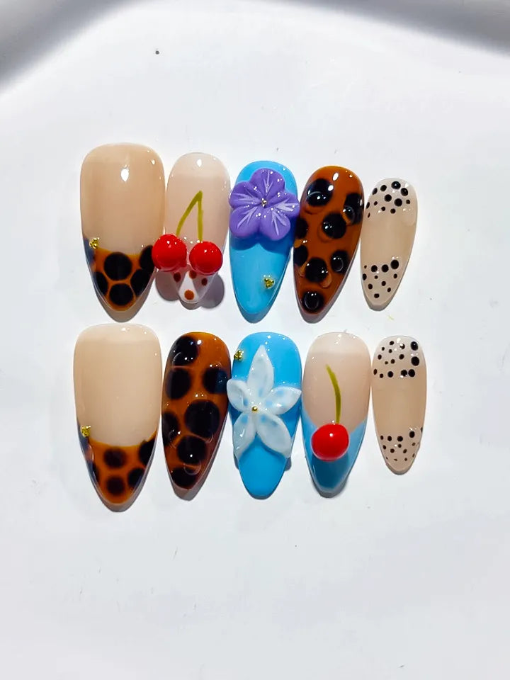 Nude Brown Black Blue Red Abstract Cherry Flower Animal Print press on nails detail view