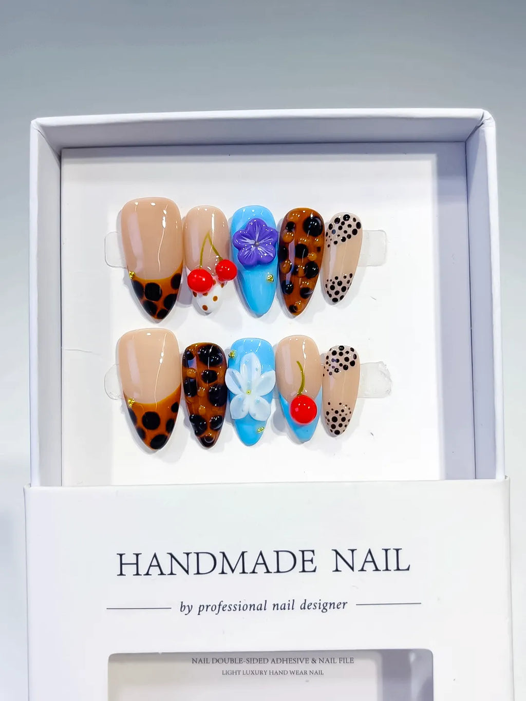 Nude Brown Black Blue Red Abstract Cherry Flower Animal Print press on nails full set view