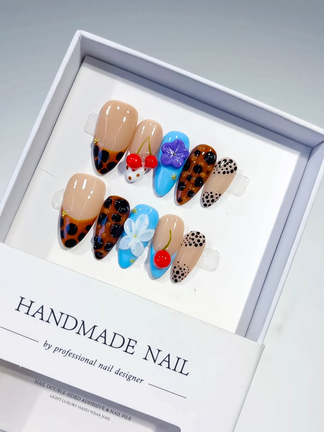 Nude Brown Black Blue Red Abstract Cherry Flower Animal Print press on nails