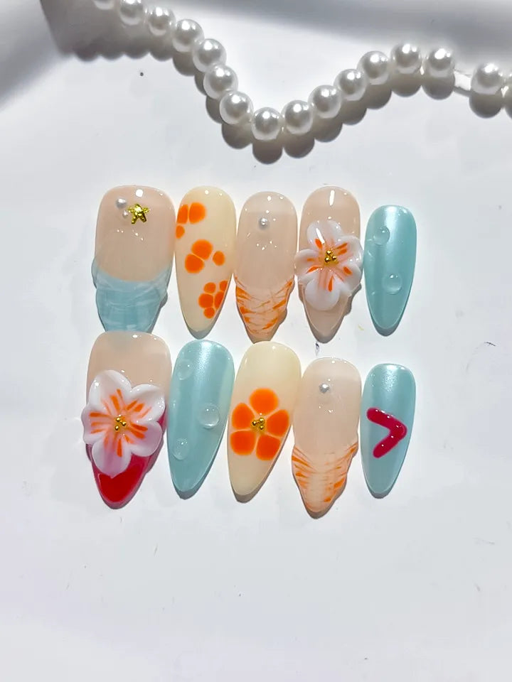 Nude Blue Orange White Red Abstract Flower Heart Shell press on nails detail view