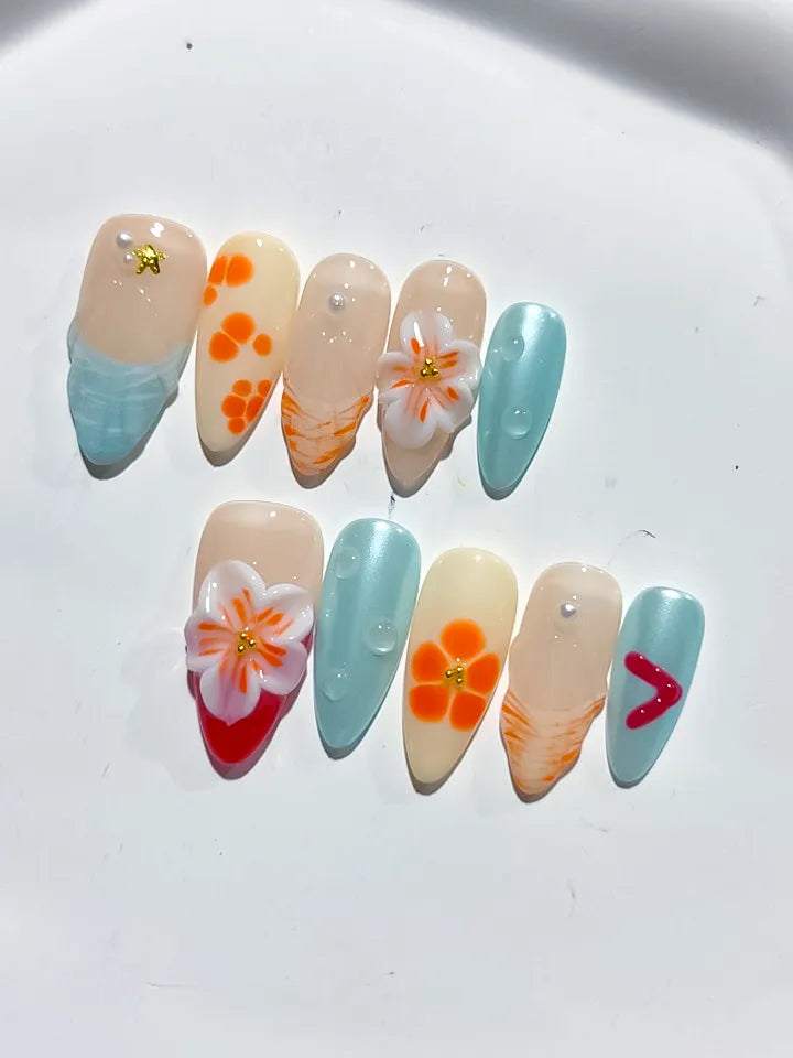 Nude Blue Orange White Red Abstract Flower Heart Shell press on nails close up