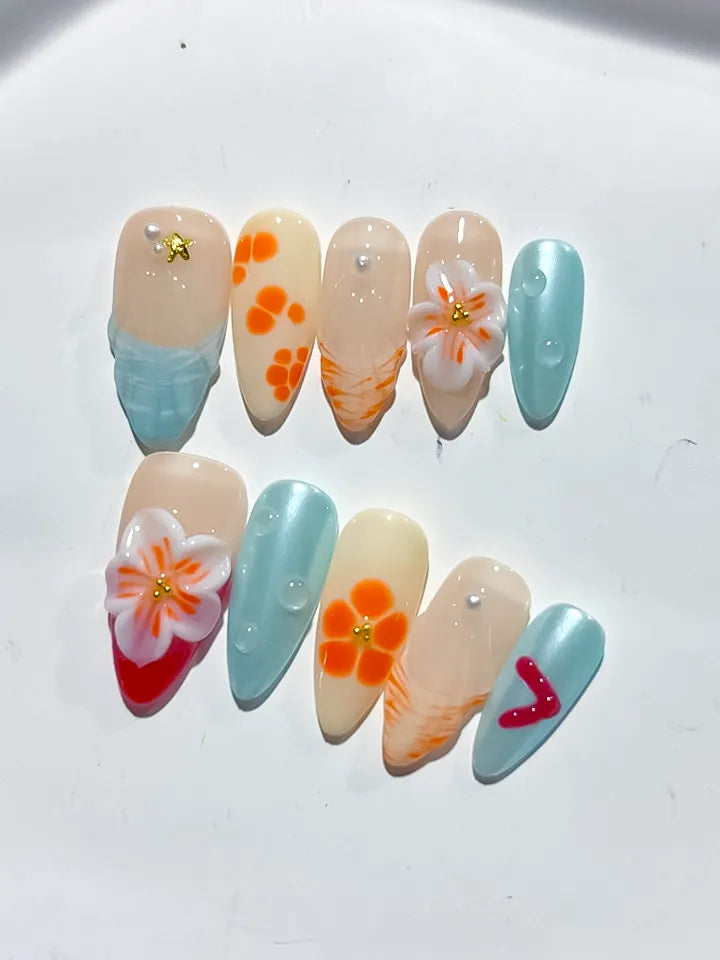 Nude Blue Orange White Red Abstract Flower Heart Shell press on nails detail view