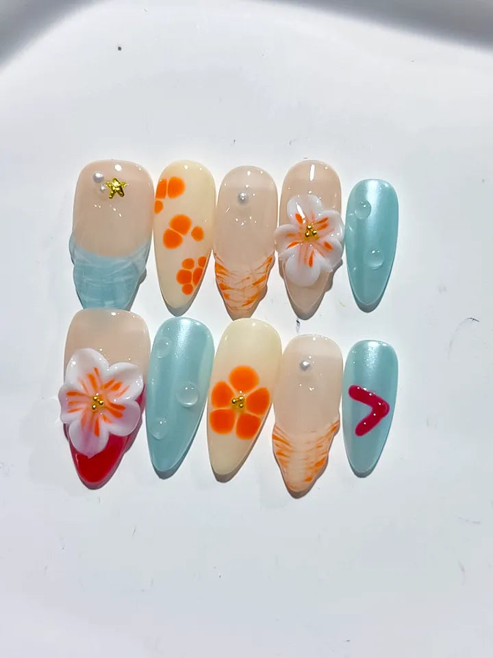 Nude Blue Orange White Red Abstract Flower Heart Shell press on nails detail view