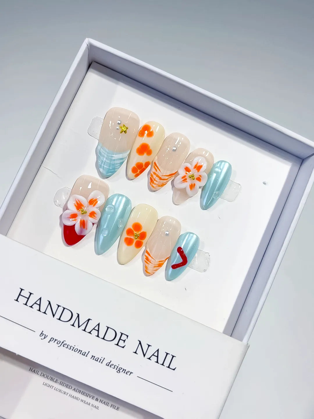 Nude Blue Orange White Red Abstract Flower Heart Shell press on nails