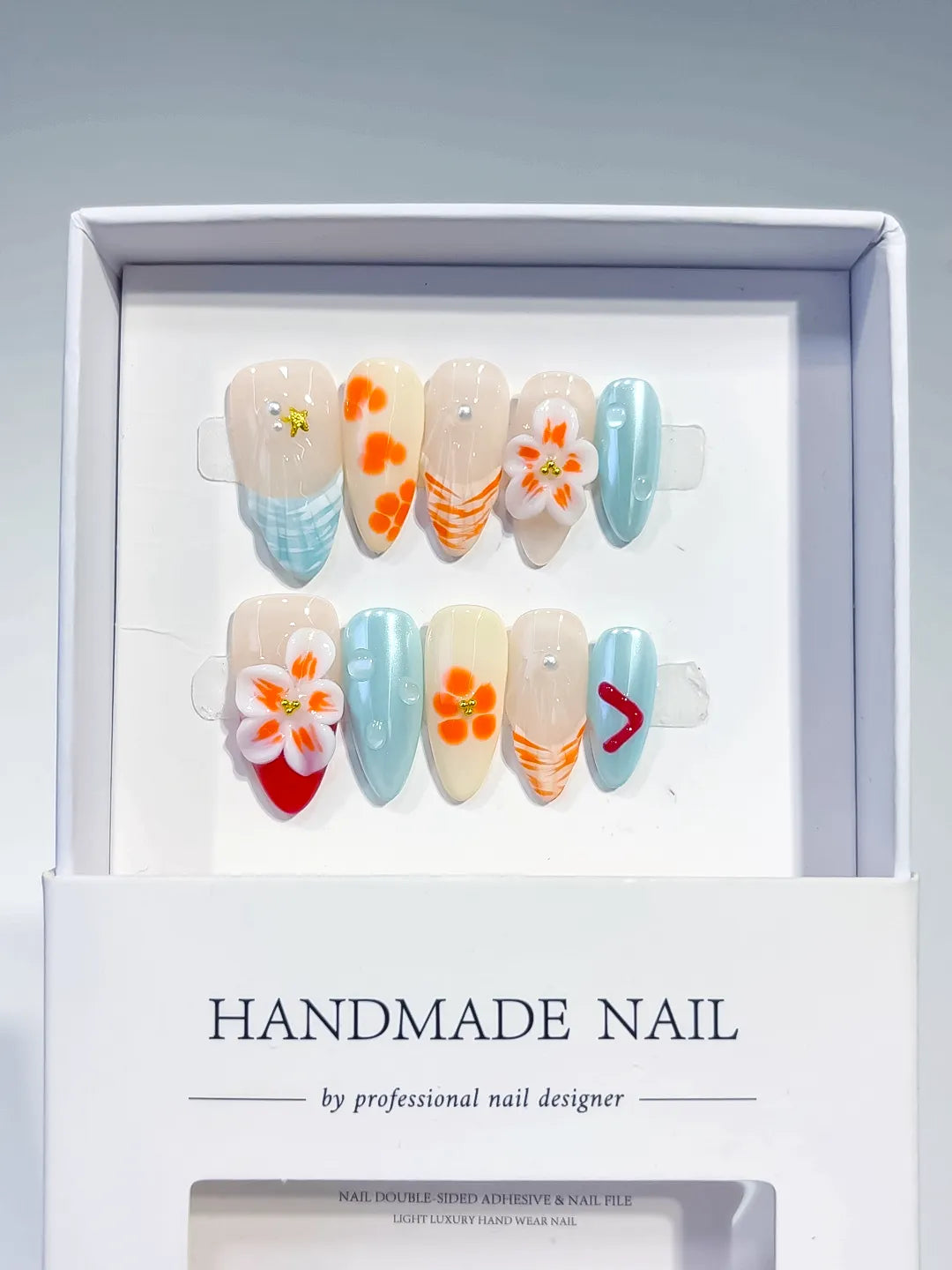 Nude Blue Orange White Red Abstract Flower Heart Shell press on nails full set view