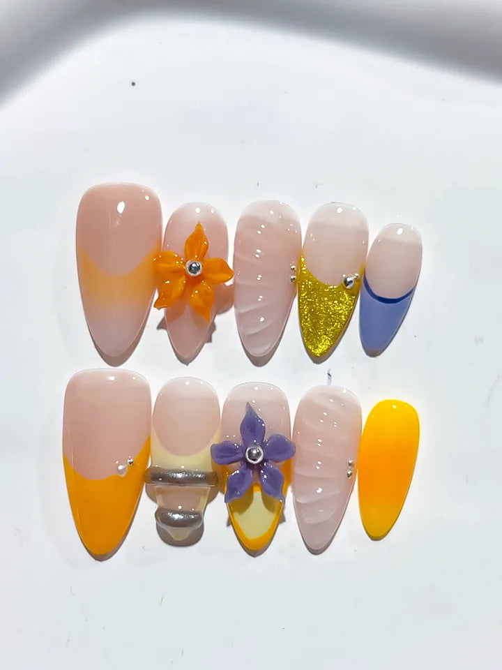 Nude Yellow Blue Gold French tip Flower Glitter press on nails detail view