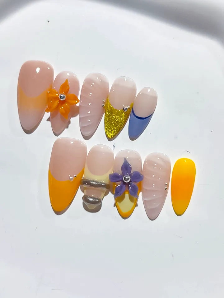 Nude Yellow Blue Gold French tip Flower Glitter press on nails detail view