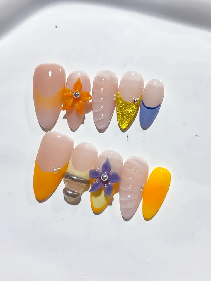 Nude Yellow Blue Gold French tip Flower Glitter press on nails close up