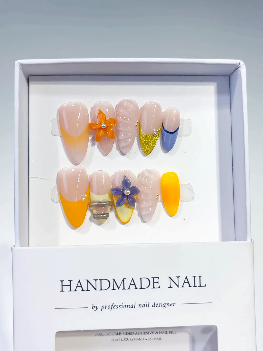 Nude Yellow Blue Gold French tip Flower Glitter press on nails full set view