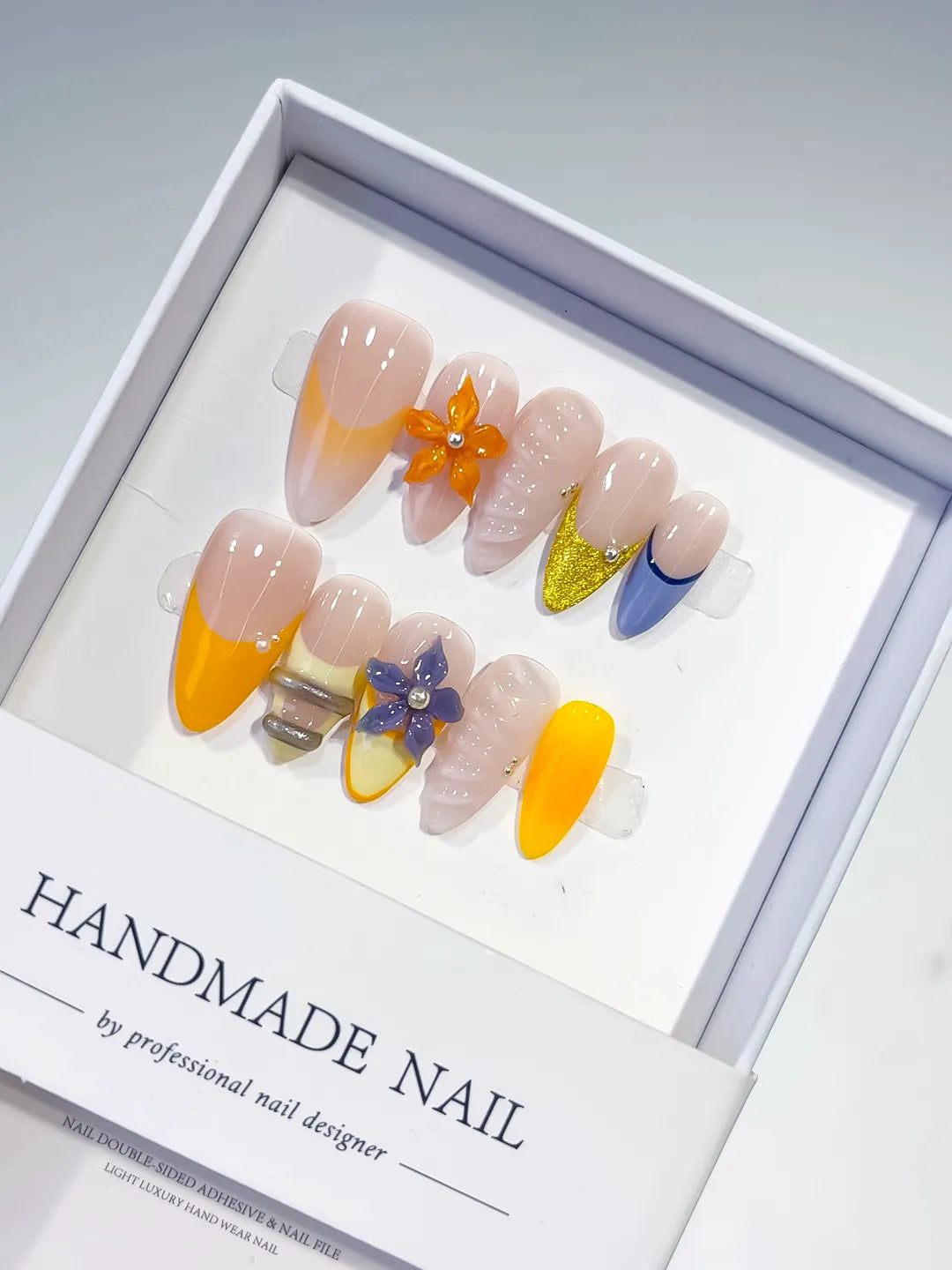 Nude Yellow Blue Gold French tip Flower Glitter press on nails