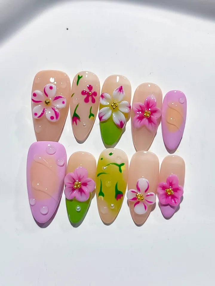 Nude Pink Green Yellow Abstract Flower Fruit press on nails close up