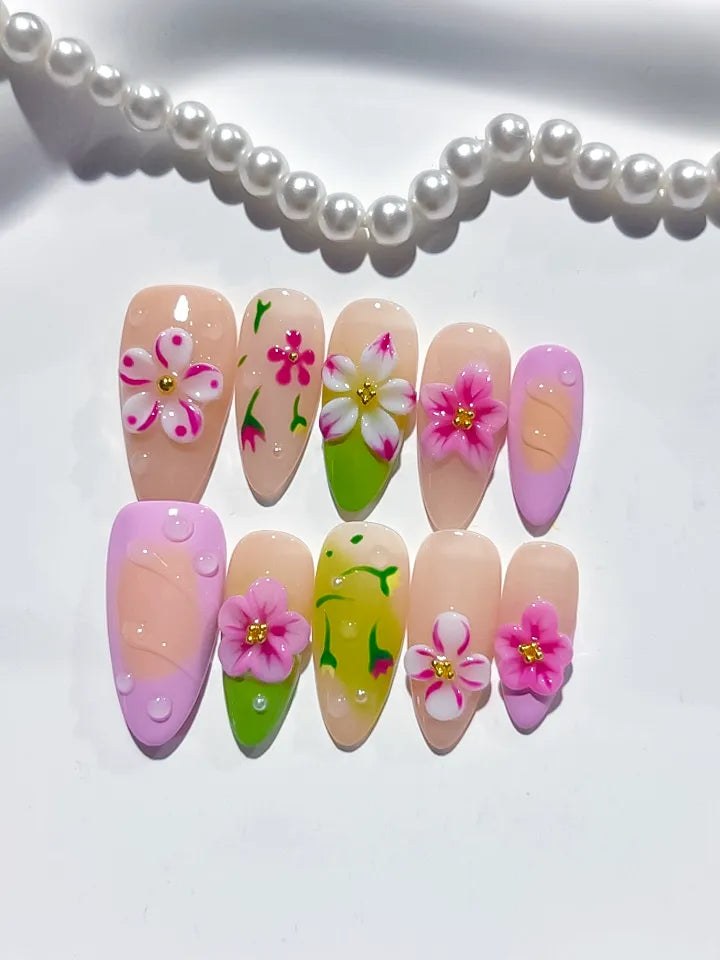 Nude Pink Green Yellow Abstract Flower Fruit press on nails detail view