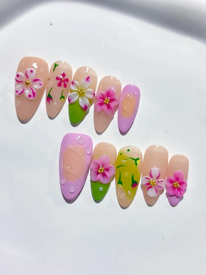 Nude Pink Green Yellow Abstract Flower Fruit press on nails detail view