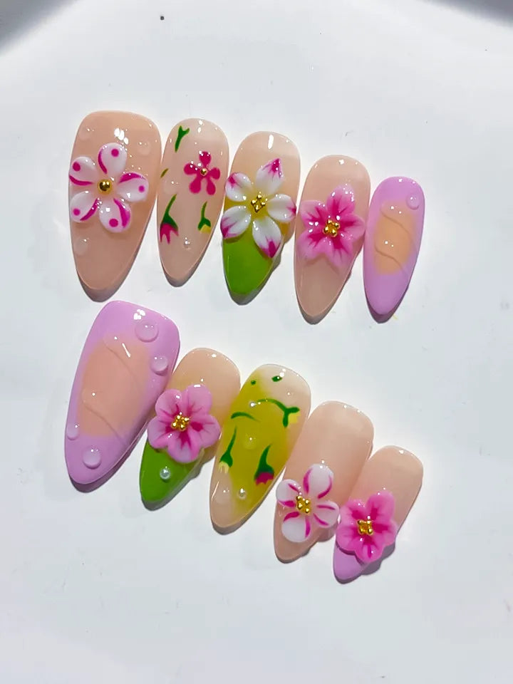 Nude Pink Green Yellow Abstract Flower Fruit press on nails detail view
