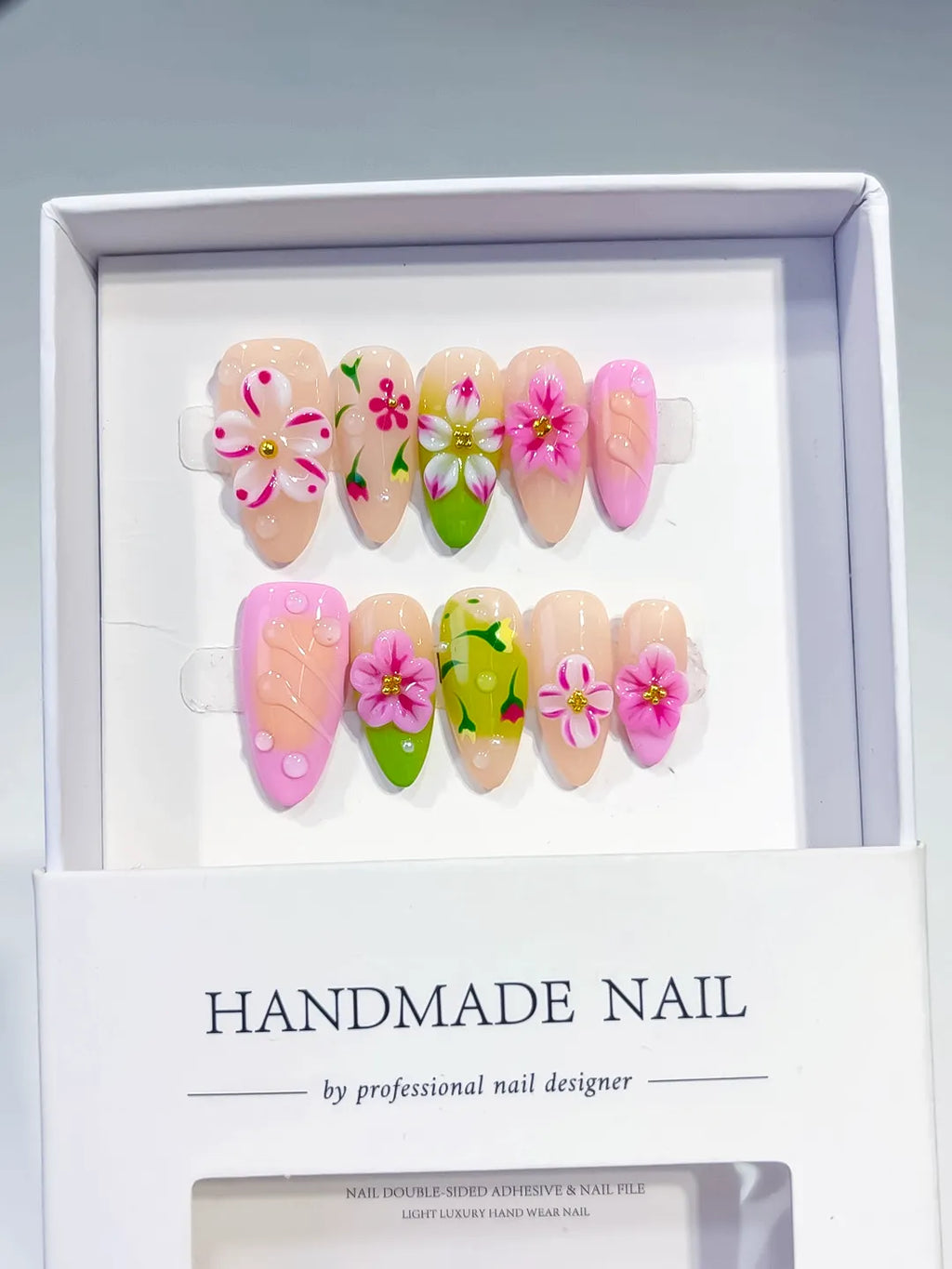 Nude Pink Green Yellow Abstract Flower Fruit press on nails full set view