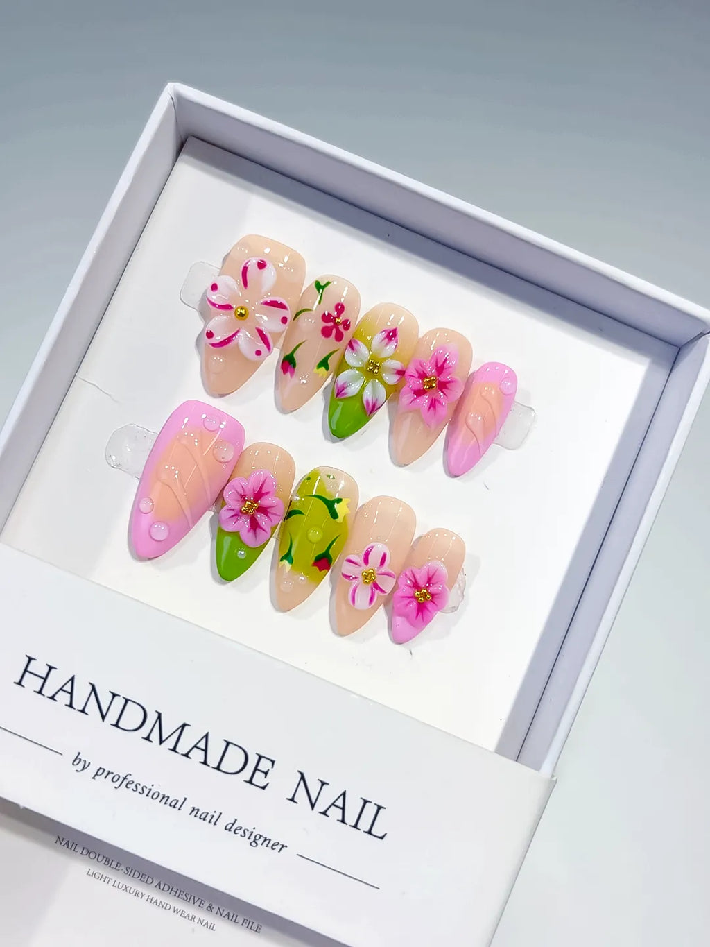 Nude Pink Green Yellow Abstract Flower Fruit press on nails
