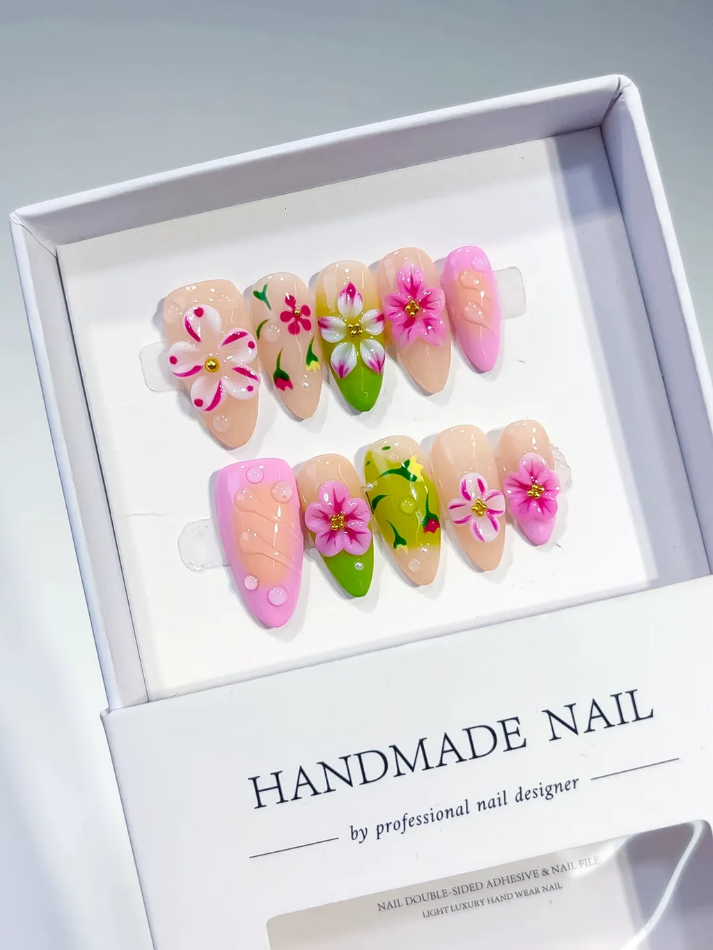 Nude Pink Green Yellow Abstract Flower Fruit press on nails angled view