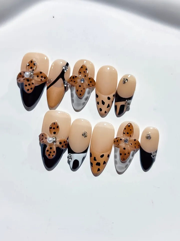 Nude Black Brown White French tip Cookie Animal Print Rhinestone press on nails detail view