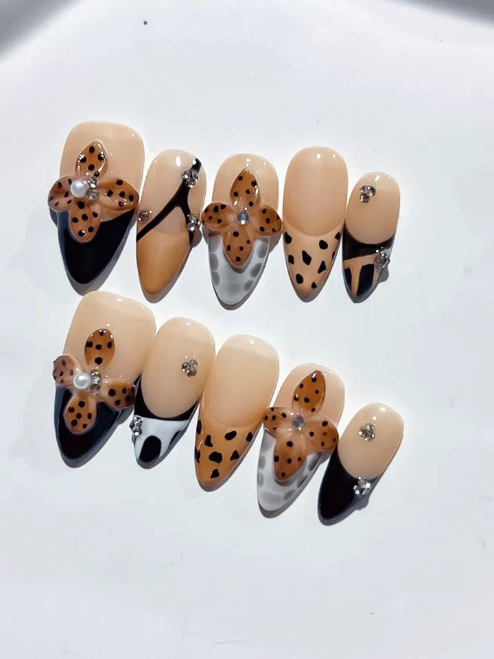Nude Black Brown White French tip Cookie Animal Print Rhinestone press on nails detail view