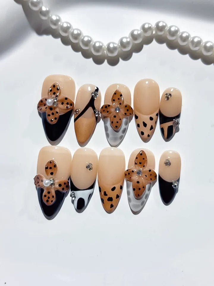 Nude Black Brown White French tip Cookie Animal Print Rhinestone press on nails detail view