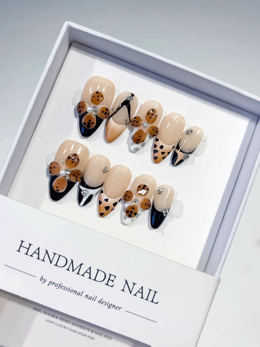 Nude Black Brown White French tip Cookie Animal Print Rhinestone press on nails