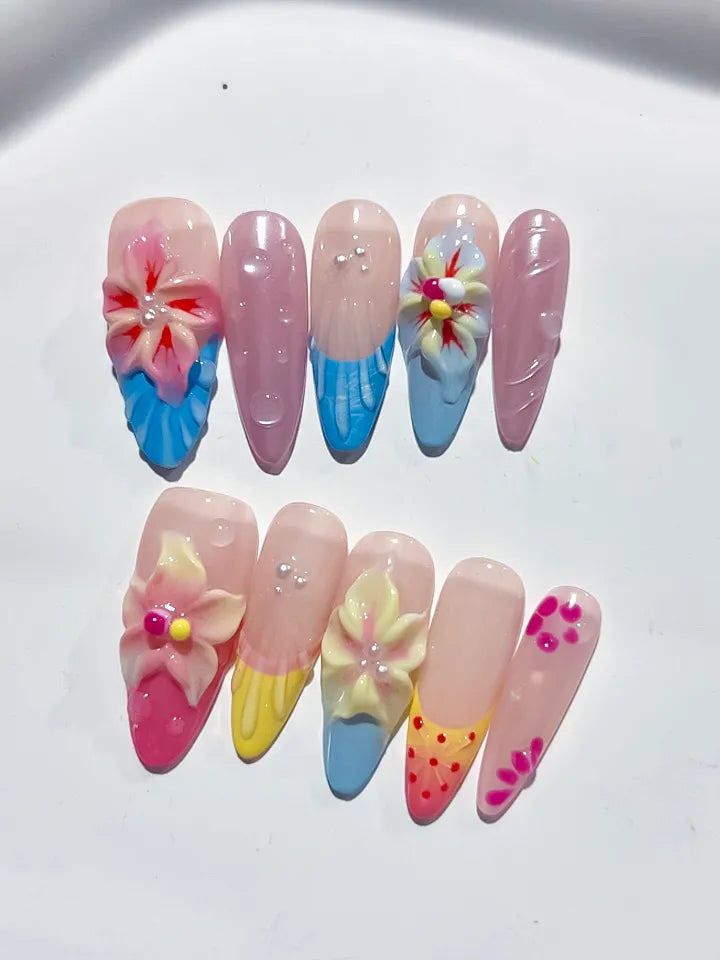 Nude Blue Pink Yellow White Abstract Flower Dot Pattern press on nails close up