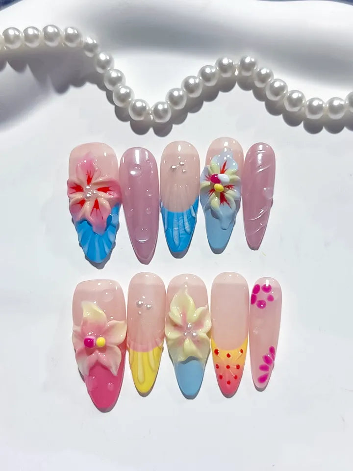 Nude Blue Pink Yellow White Abstract Flower Dot Pattern press on nails detail view