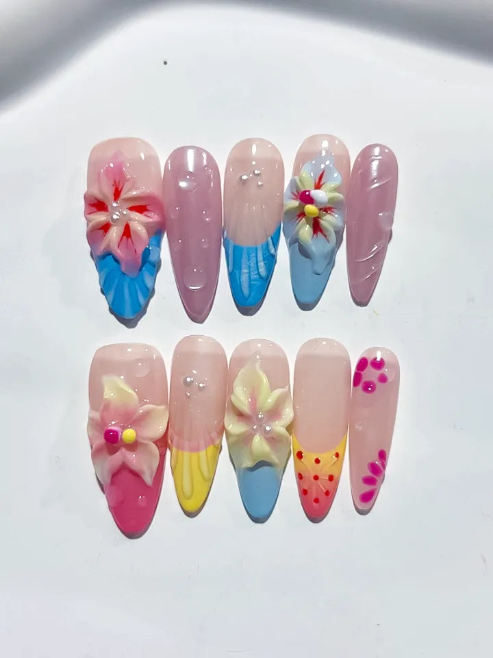 Nude Blue Pink Yellow White Abstract Flower Dot Pattern press on nails detail view