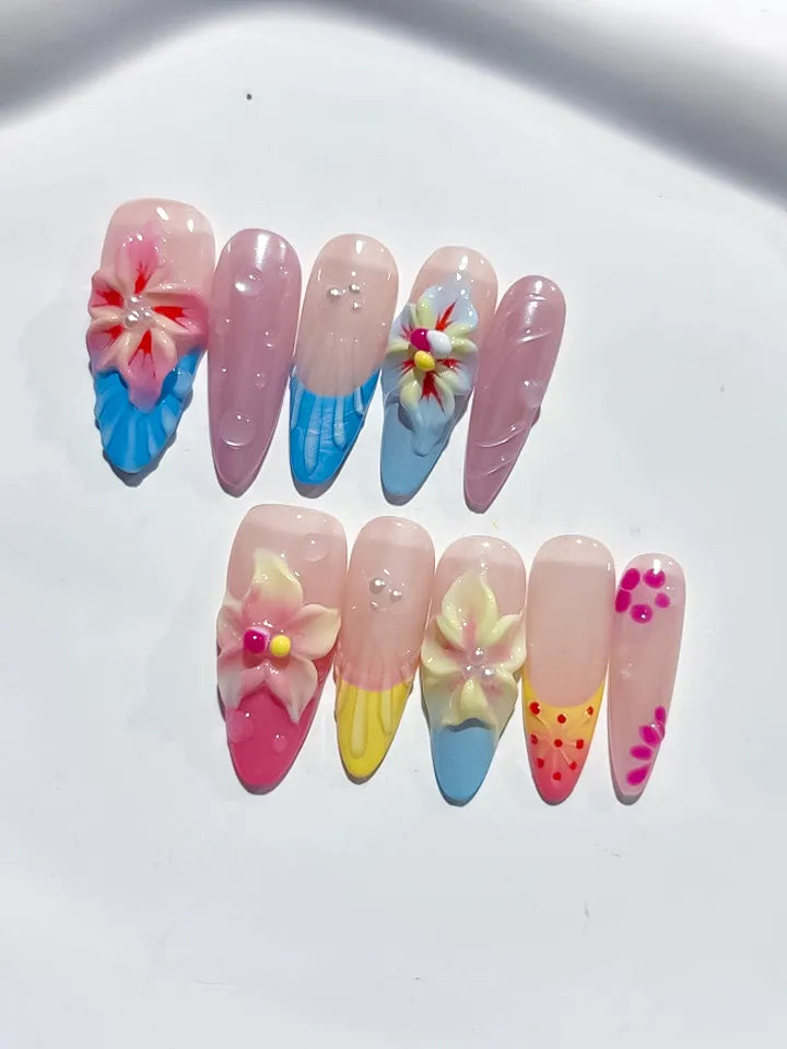 Nude Blue Pink Yellow White Abstract Flower Dot Pattern press on nails detail view