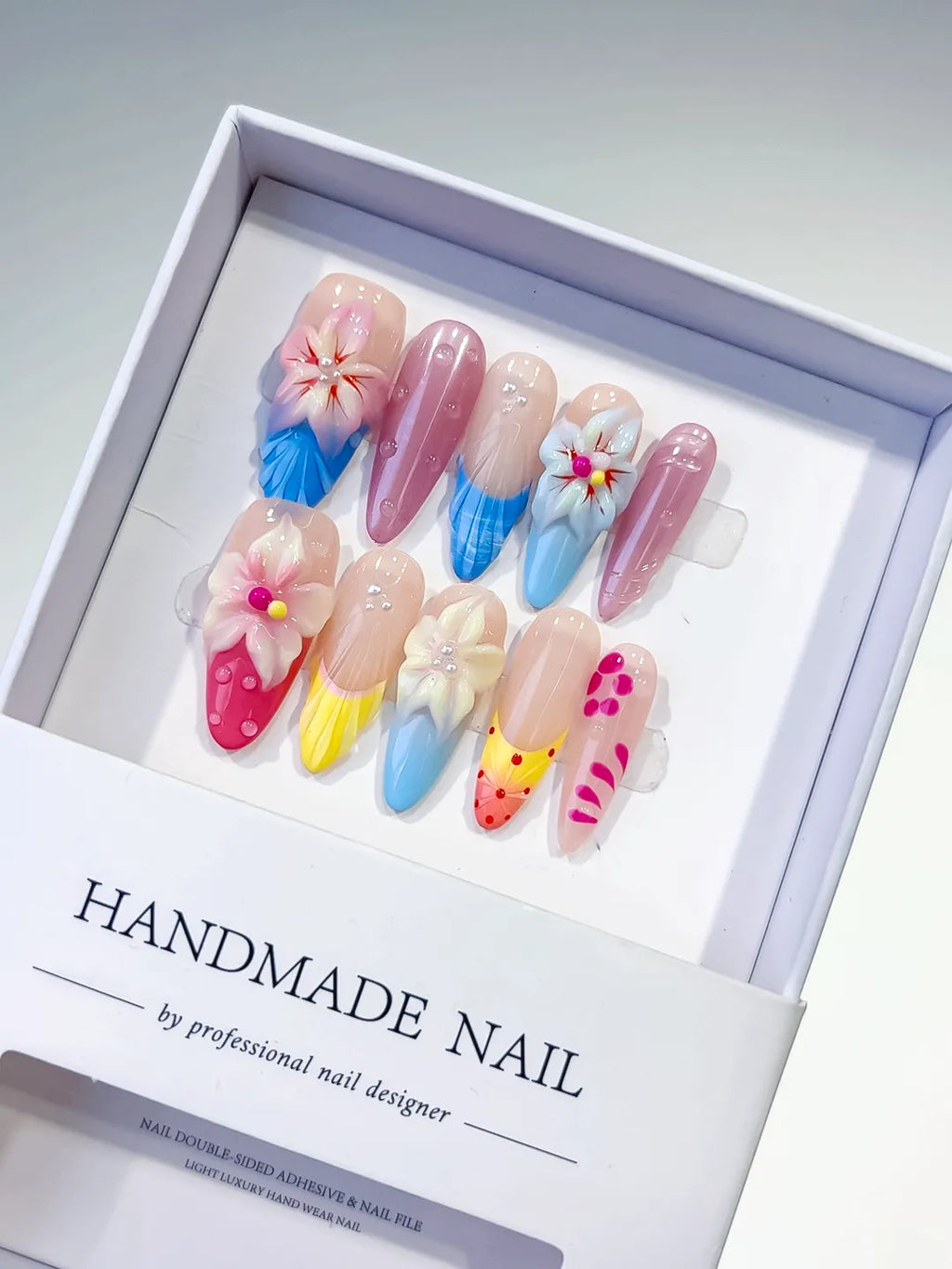 Nude Blue Pink Yellow White Abstract Flower Dot Pattern press on nails