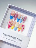 Nude Blue Pink Yellow White Abstract Flower Dot Pattern press on nails