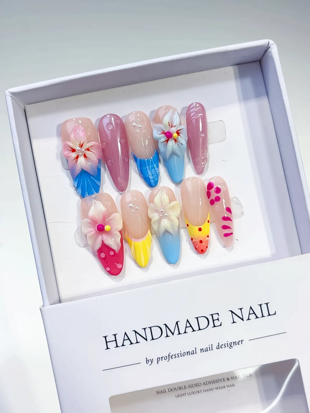 Nude Blue Pink Yellow White Abstract Flower Dot Pattern press on nails angled view
