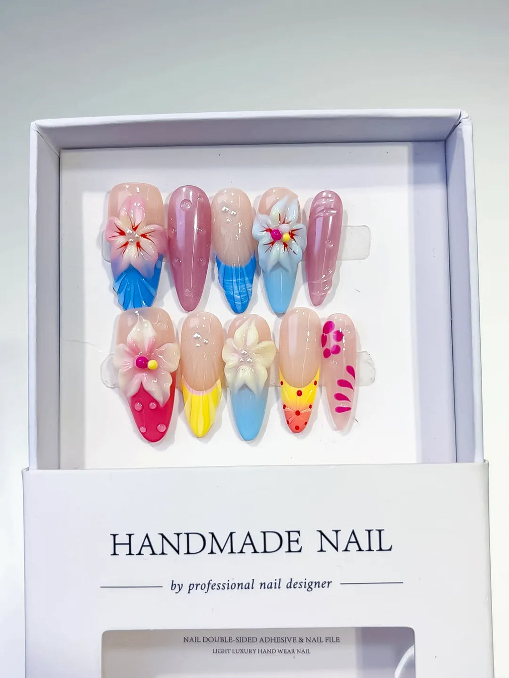 Nude Blue Pink Yellow White Abstract Flower Dot Pattern press on nails full set view