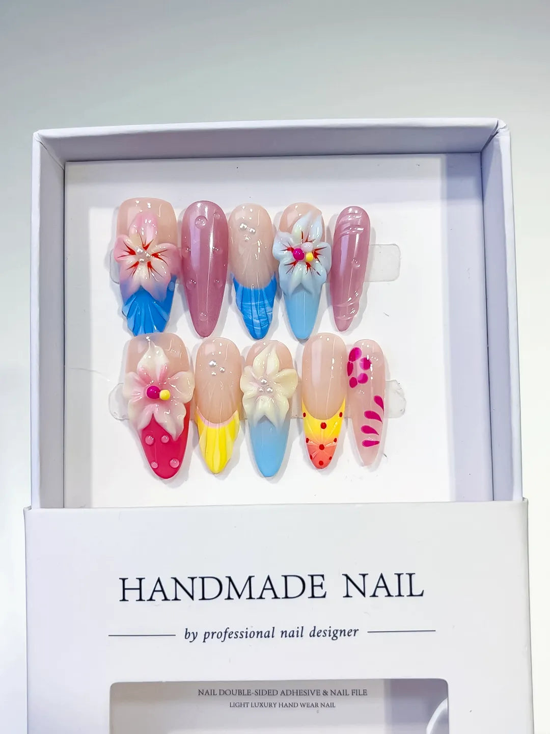Nude Blue Pink Yellow White Abstract Flower Dot Pattern press on nails full set view