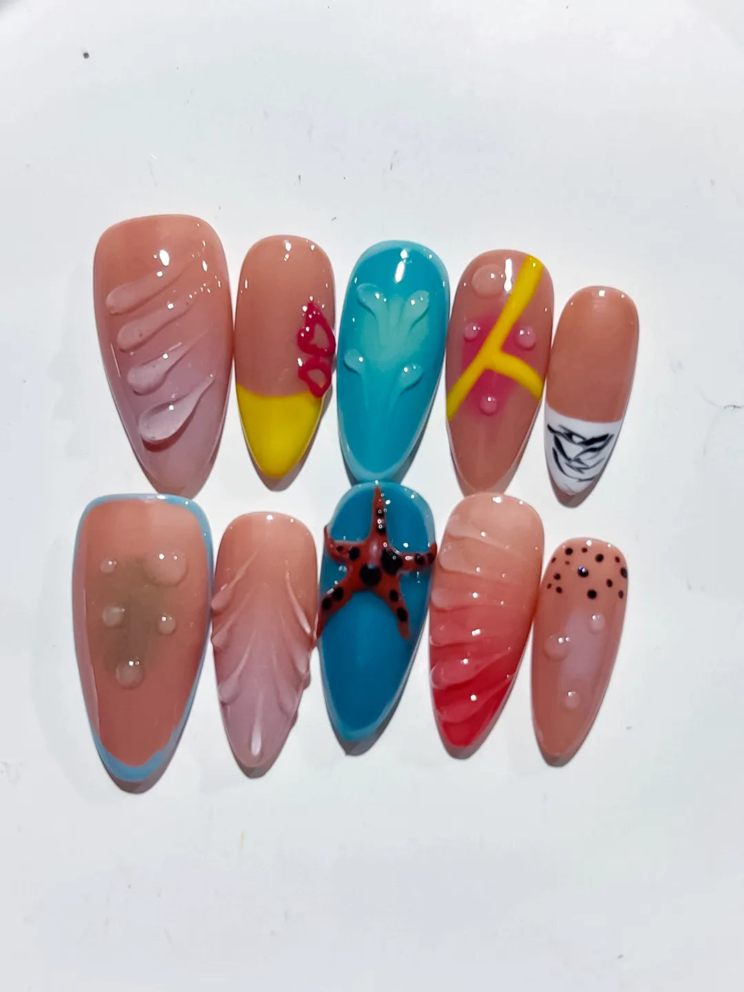 Pink Blue Yellow Red Black Abstract Starfish Leaf Dot Pattern press on nails close up