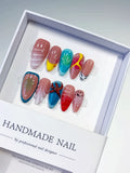 Pink Blue Yellow Red Black Abstract Starfish Leaf Dot Pattern press on nails