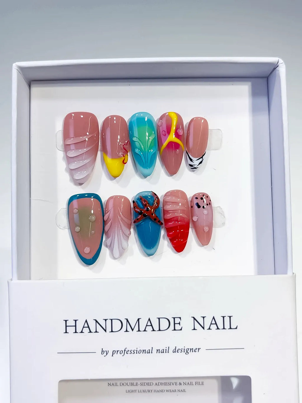 Pink Blue Yellow Red Black Abstract Starfish Leaf Dot Pattern press on nails full set view