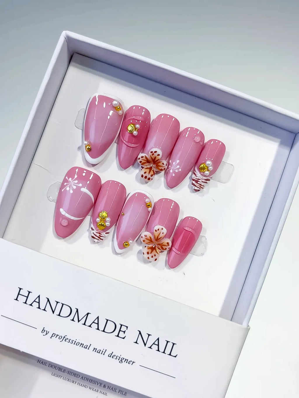 Pink White Gold Solid color Flower Pearl Metallic Charm press on nails