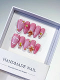 Pink White Gold Solid color Flower Pearl Metallic Charm press on nails