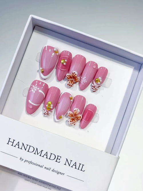 Pink White Gold Solid color Flower Pearl Metallic Charm press on nails