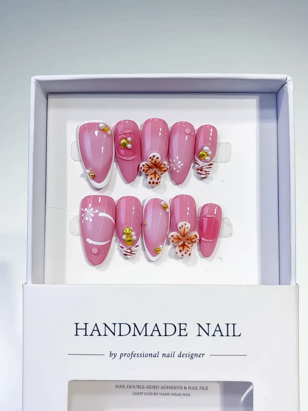 Pink White Gold Solid color Flower Pearl Metallic Charm press on nails full set view