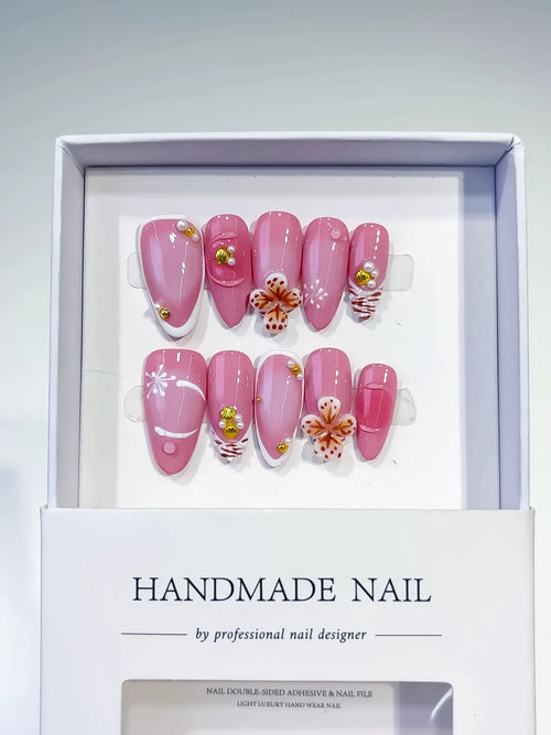 Pink White Gold Solid color Flower Pearl Metallic Charm press on nails full set view
