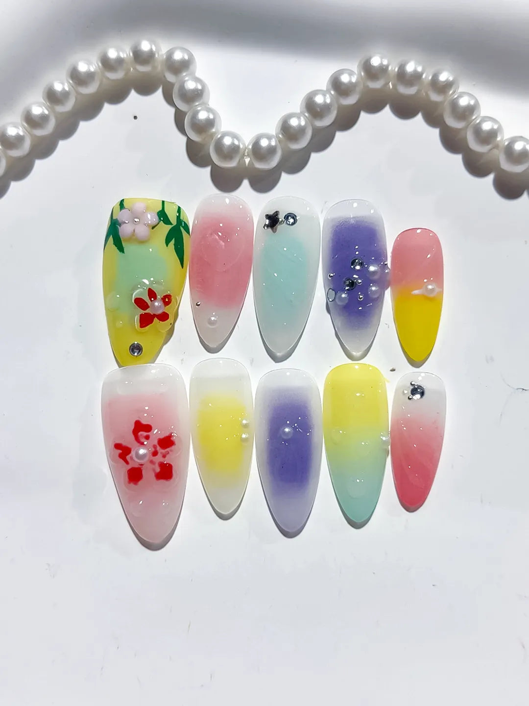 Green Yellow Purple Pink White Ombre Flower Star Rhinestone press on nails close up