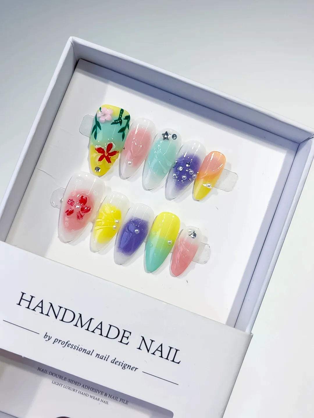 Green Yellow Purple Pink White Ombre Flower Star Rhinestone press on nails