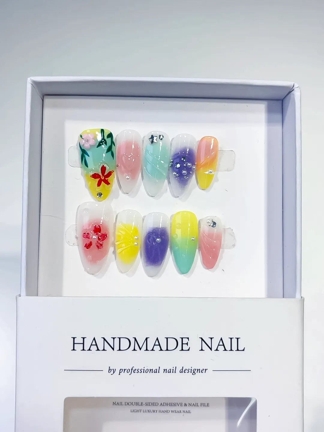 Green Yellow Purple Pink White Ombre Flower Star Rhinestone press on nails full set view